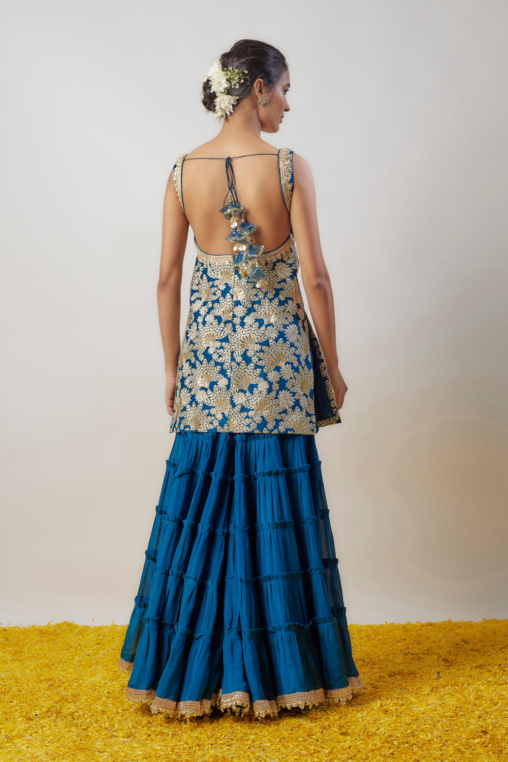 Blue Chiffon Gathered Sharara Set