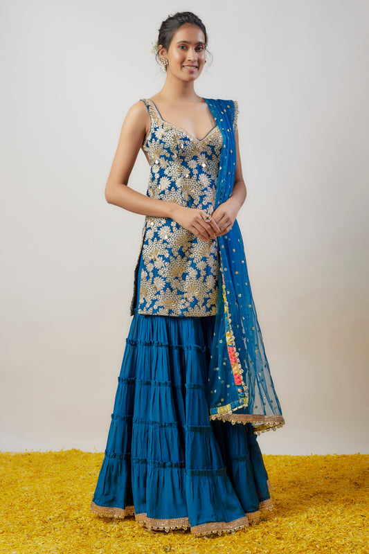 Blue Chiffon Gathered Sharara Set