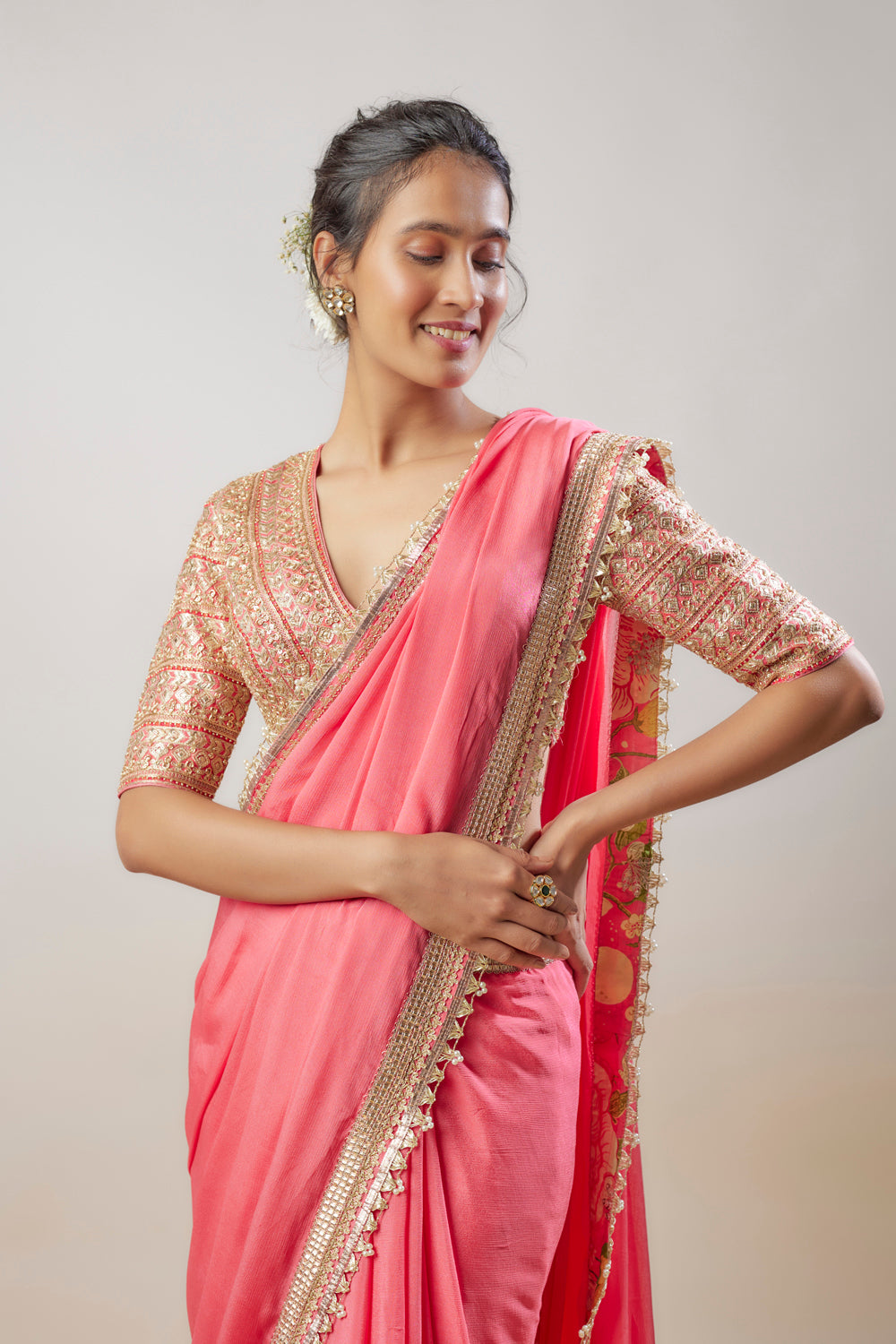 Pink Chiffon Hand & Machine Embroidered Saree Set