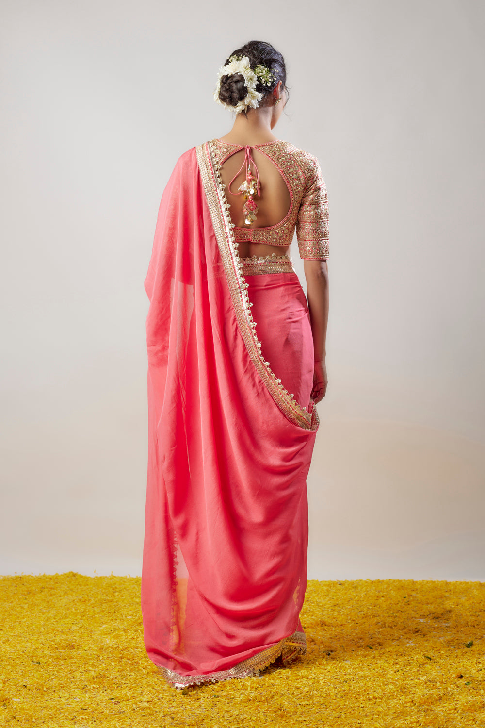 Pink Chiffon Hand & Machine Embroidered Saree Set