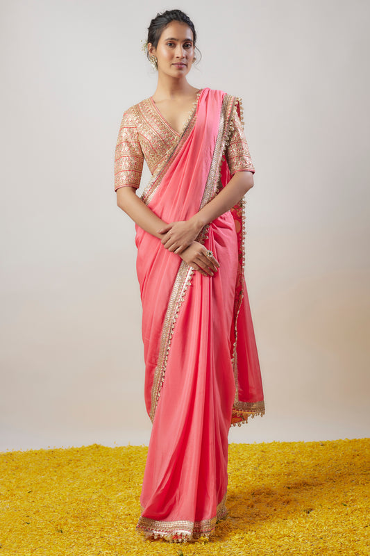 Pink Chiffon Hand & Machine Embroidered Saree Set