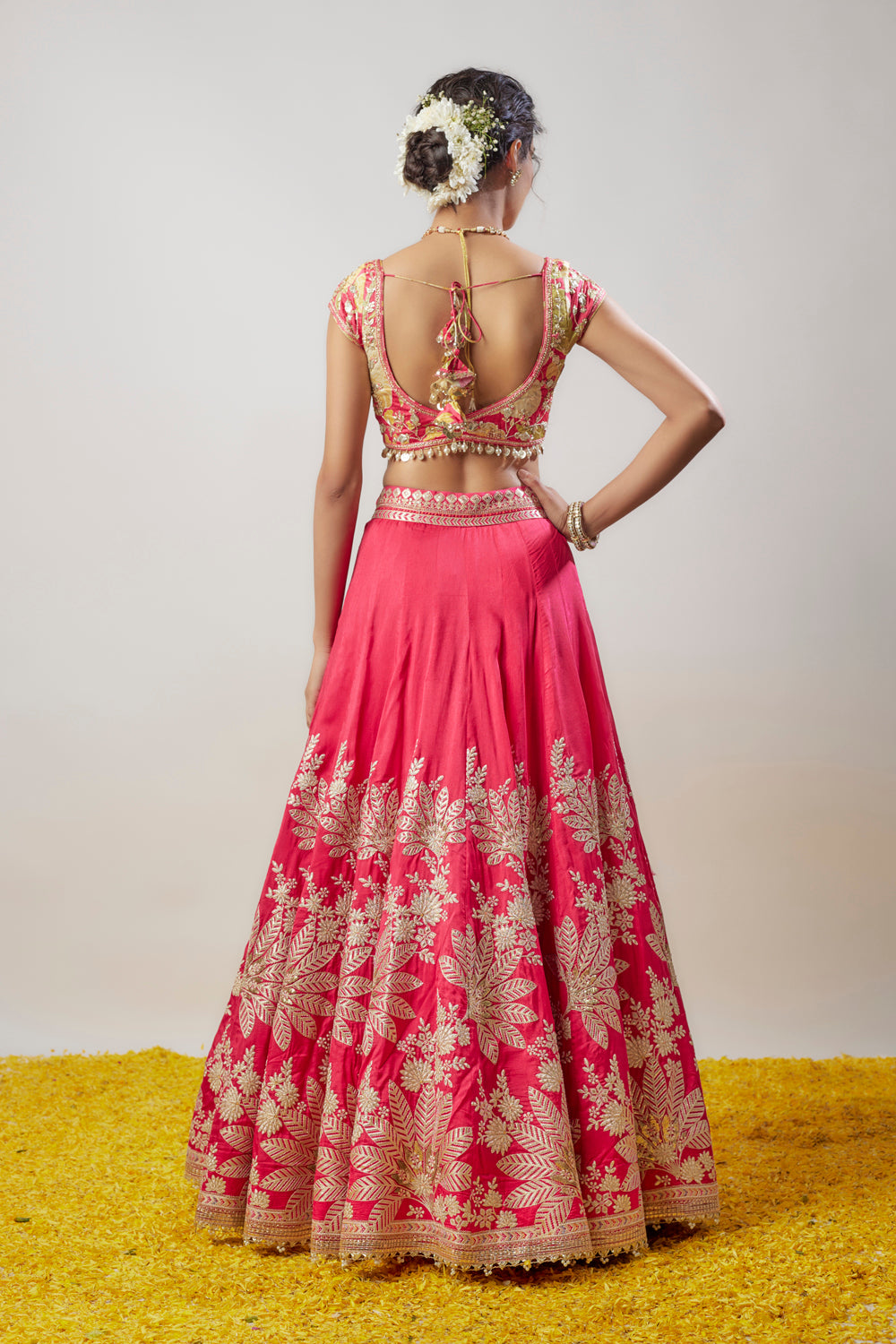 Pink Tussar Hand & Machine Embroidered Lehenga Set