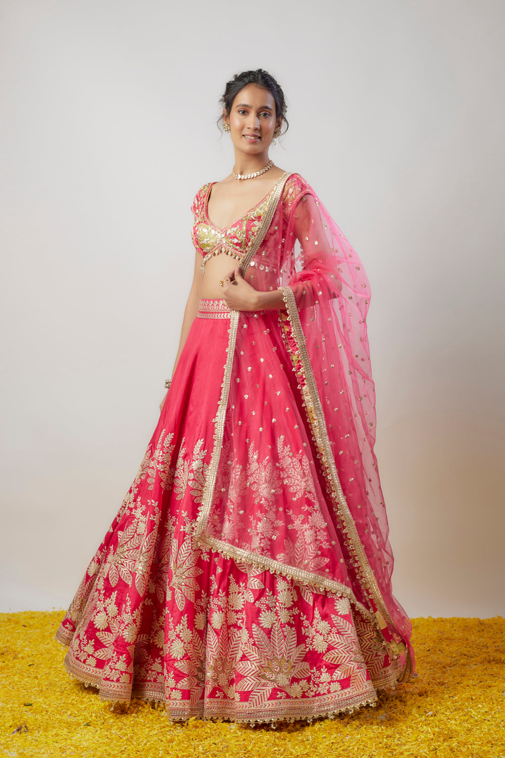 Pink Tussar Hand & Machine Embroidered Lehenga Set