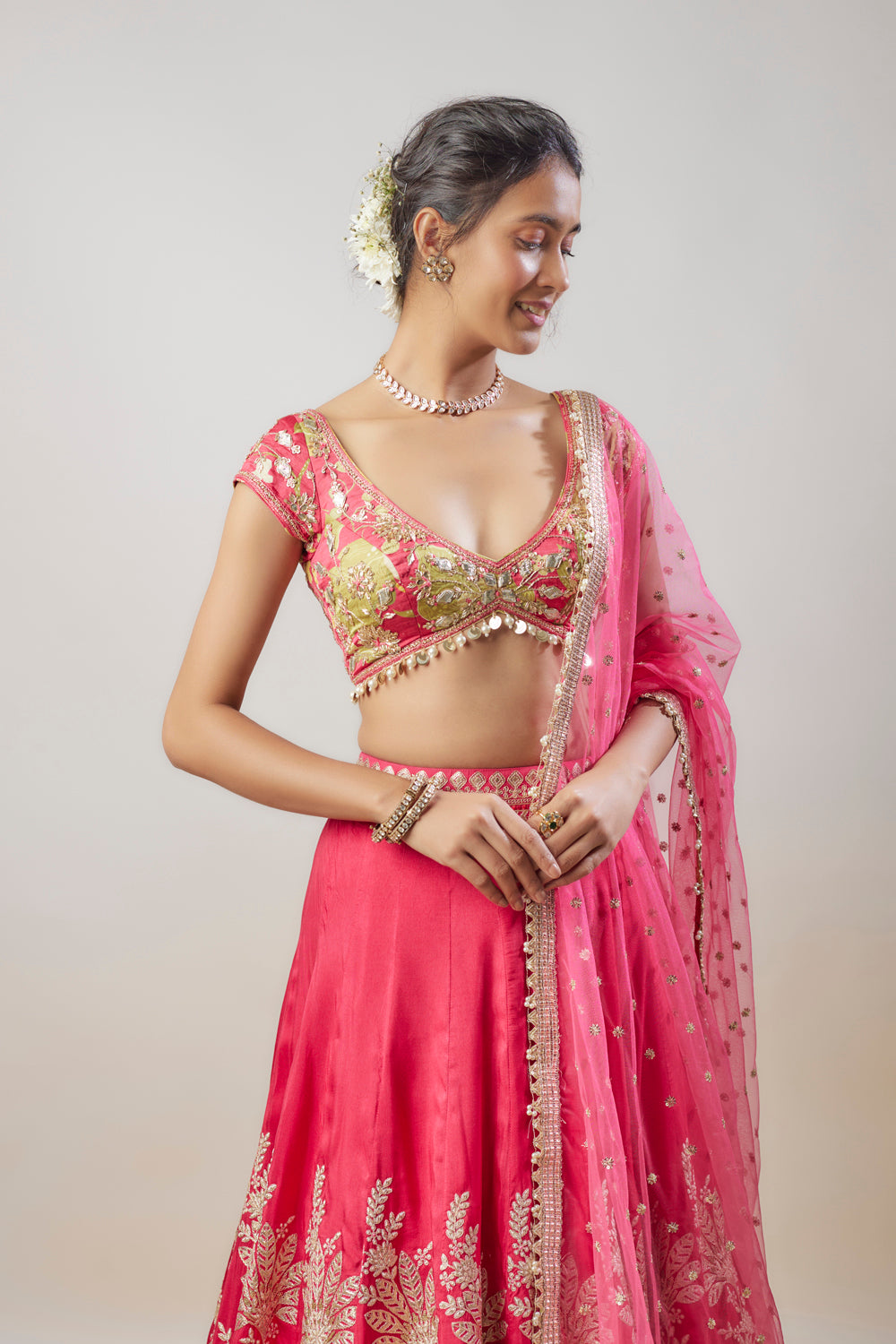 Pink Tussar Hand & Machine Embroidered Lehenga Set