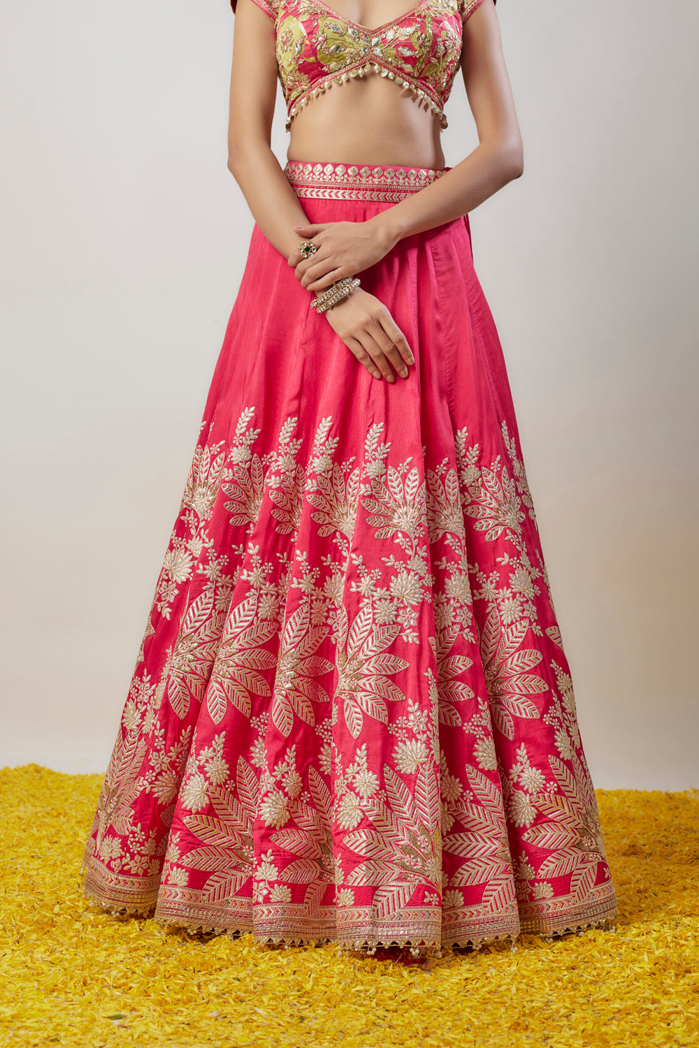 Pink Tussar Hand & Machine Embroidered Lehenga Set