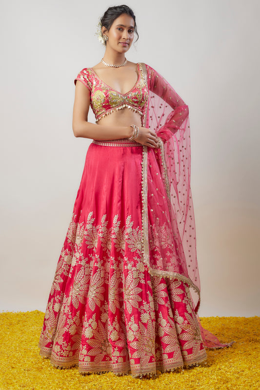 Pink Tussar Hand & Machine Embroidered Lehenga Set