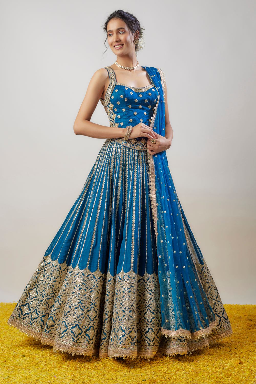 Blue Tussar Hand & Machine Embroidered Lehenga Set