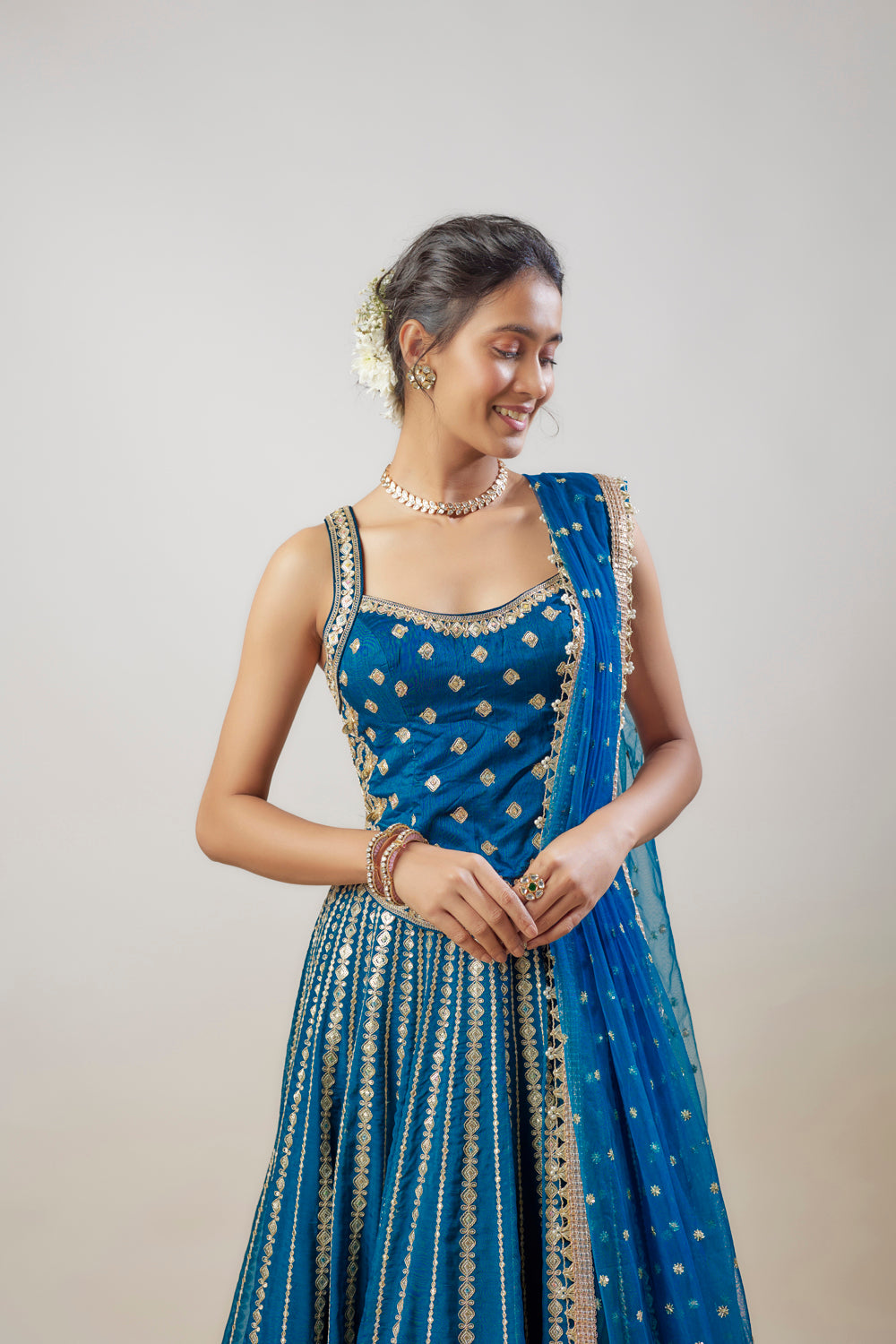 Blue Tussar Hand & Machine Embroidered Lehenga Set