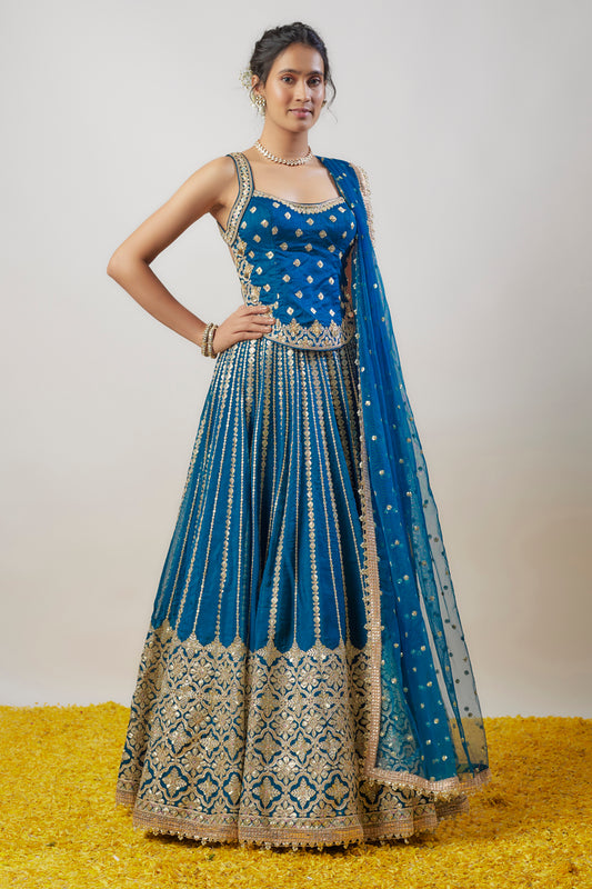 Blue Tussar Hand & Machine Embroidered Lehenga Set