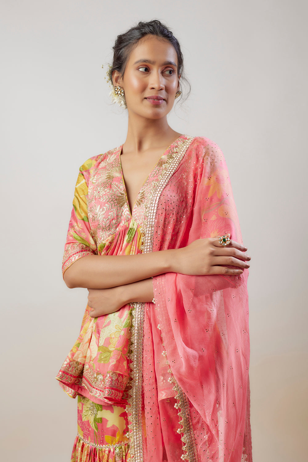 Pink Tussar Printed Sharara Set