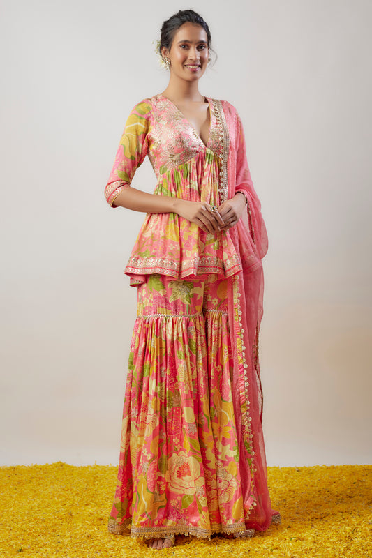 Pink Tussar Printed Sharara Set