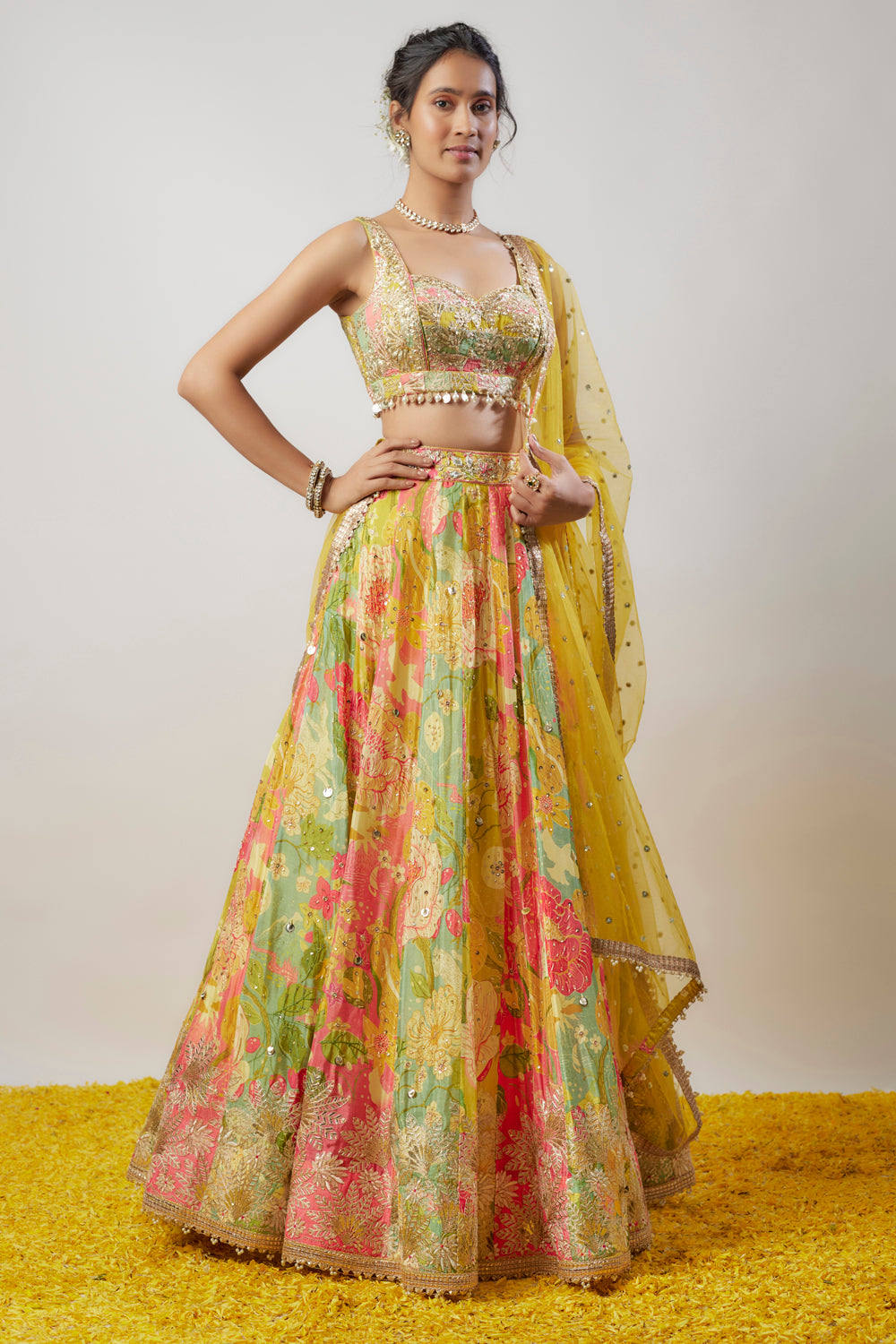 Multi-Colored Chiffon Printed Lehenga Set