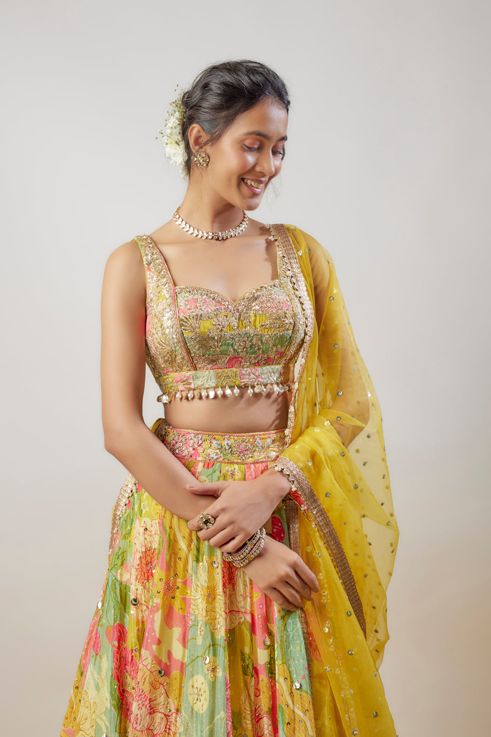 Multi-Colored Chiffon Printed Lehenga Set