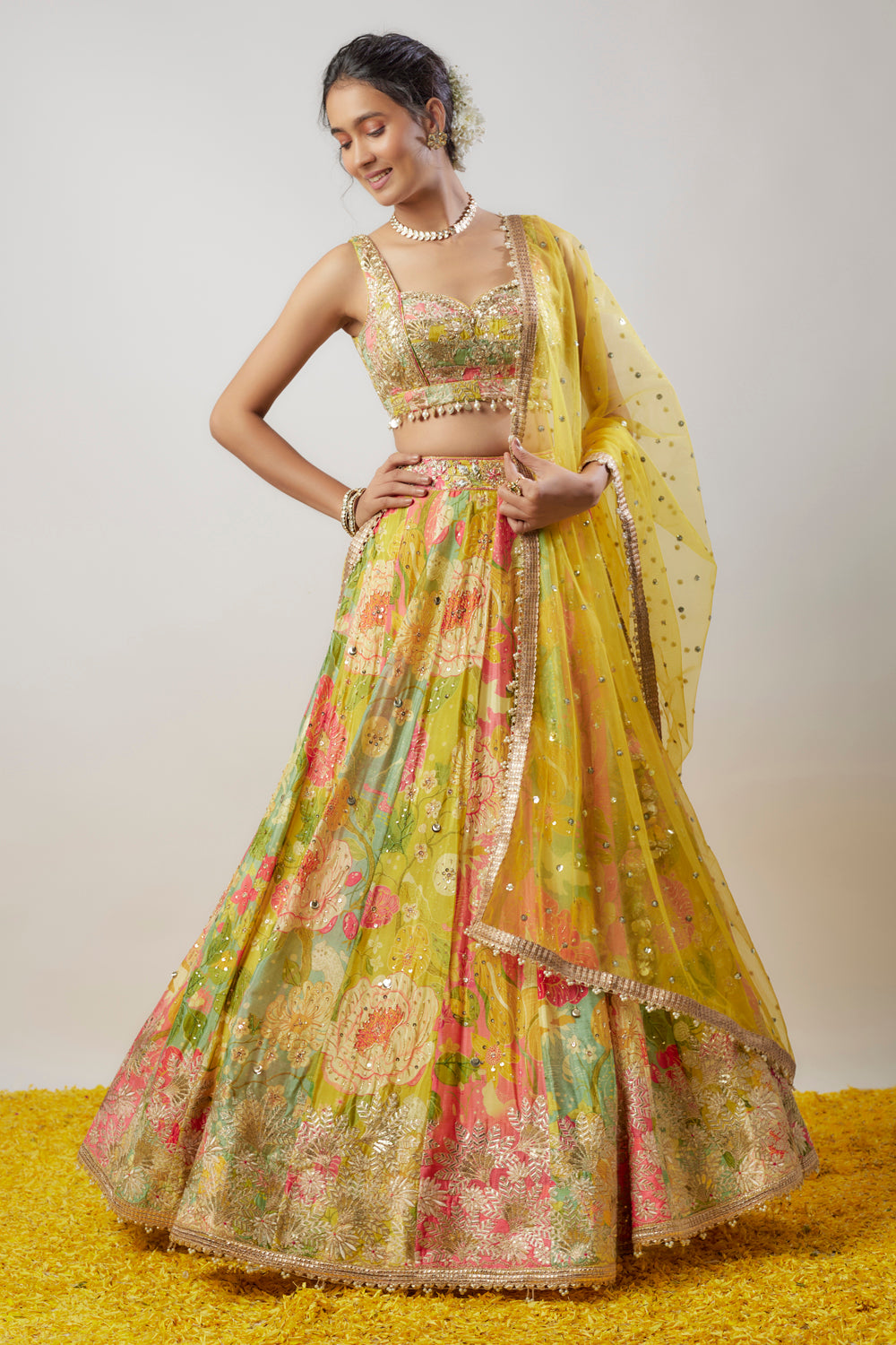 Multi-Colored Chiffon Printed Lehenga Set