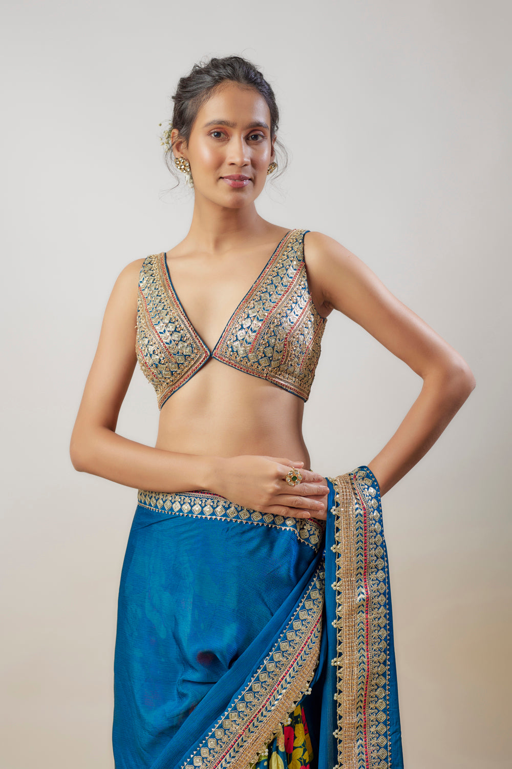 Blue Satin & Chiffon Printed Saree Set