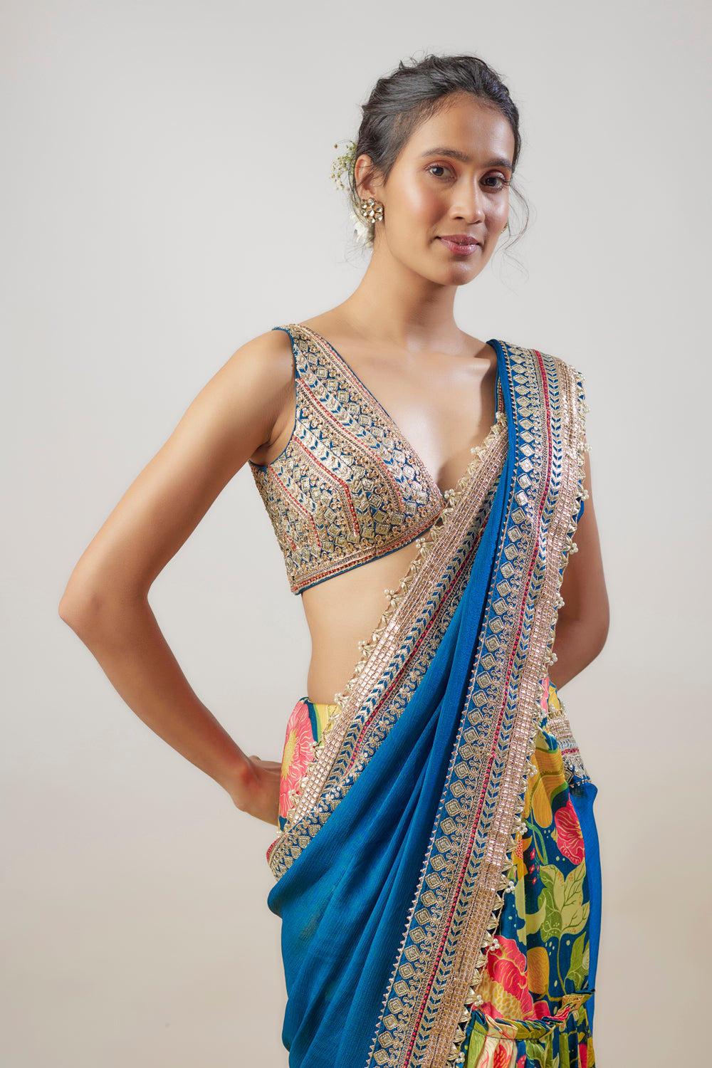 Blue Satin & Chiffon Printed Saree Set