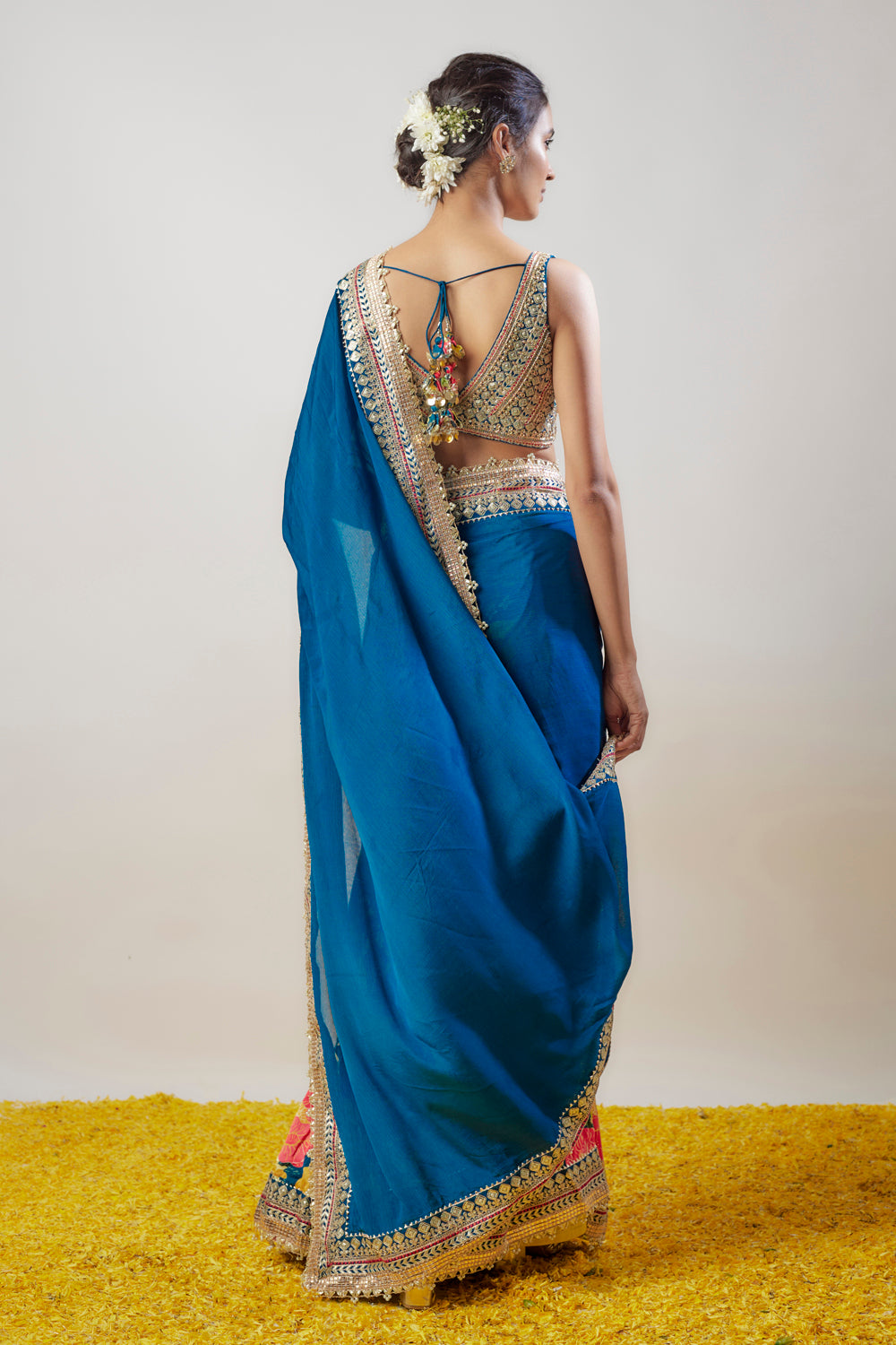 Blue Satin & Chiffon Printed Saree Set