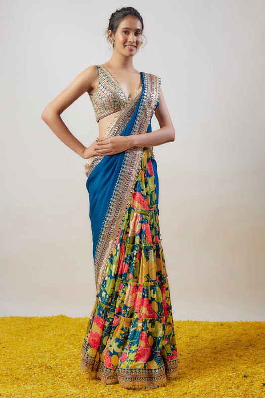 Blue Satin & Chiffon Printed Saree Set