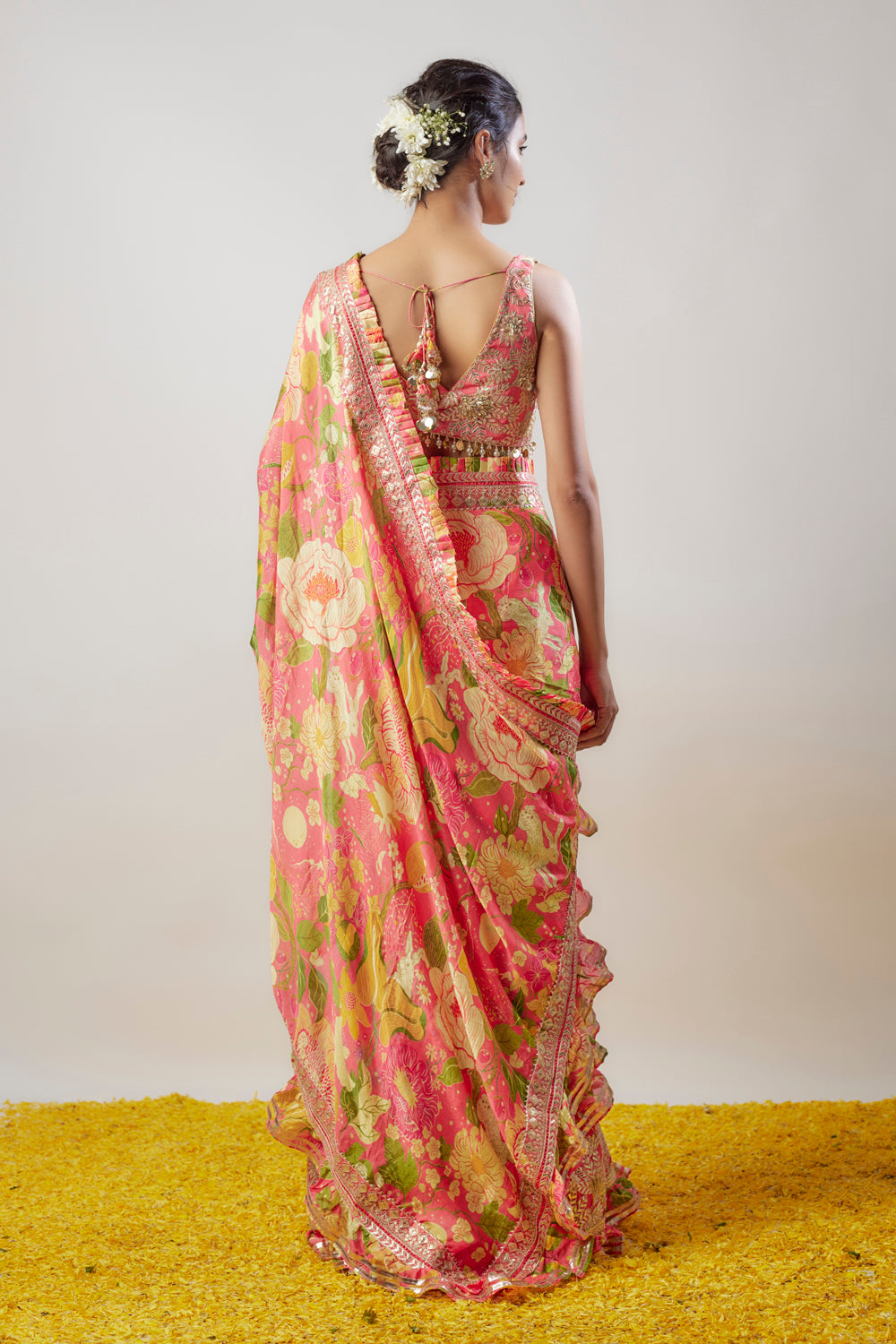 Pink Chiffon Printed Ruffled Saree Set