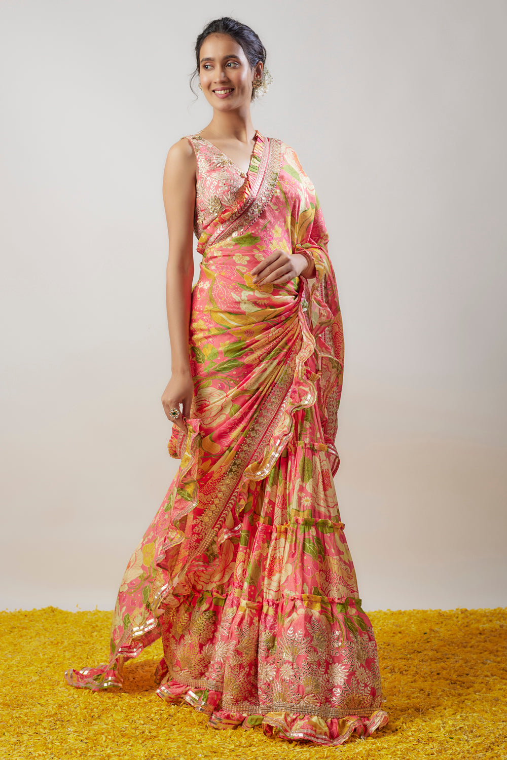 Pink Chiffon Printed Ruffled Saree Set