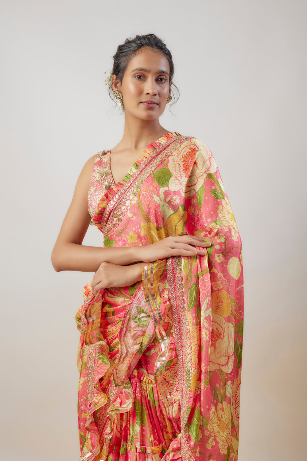 Pink Chiffon Printed Ruffled Saree Set