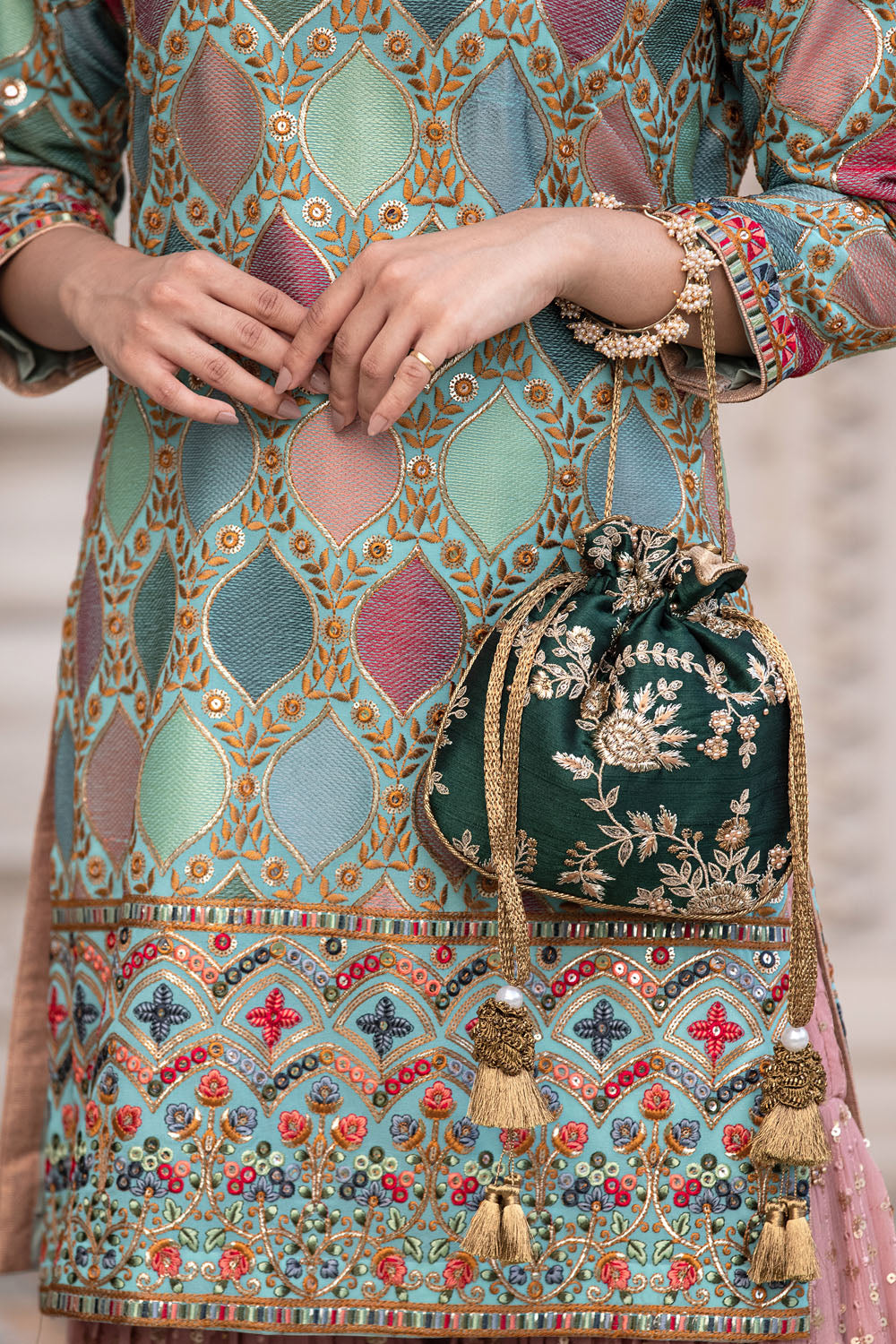 Green Embroidered Potli