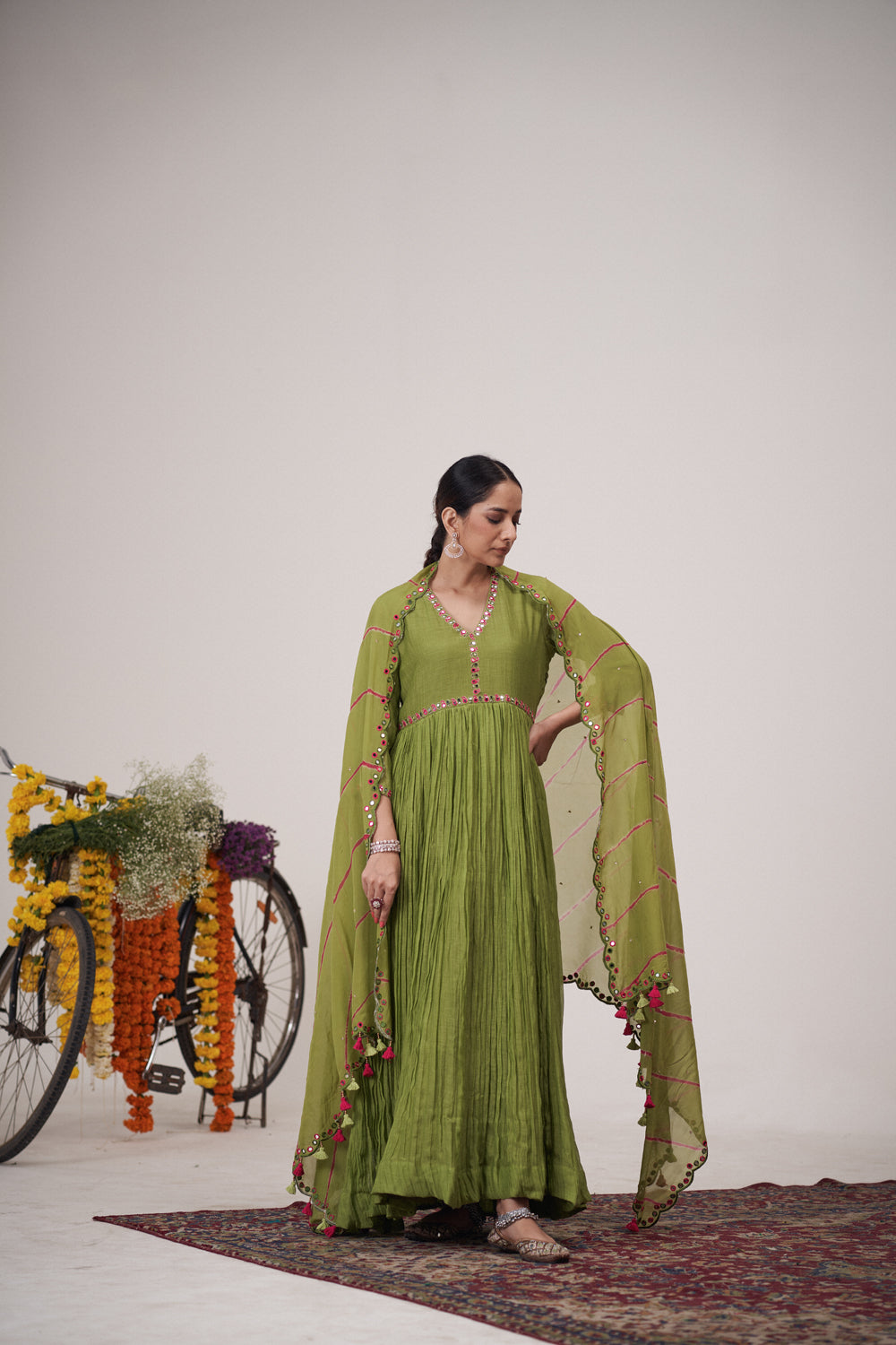 Pleated Mirror Embroidered Anarkali With Dupatta