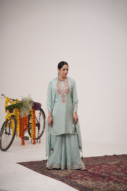 Gajji Silk Embroidered Kurta Sharara Set