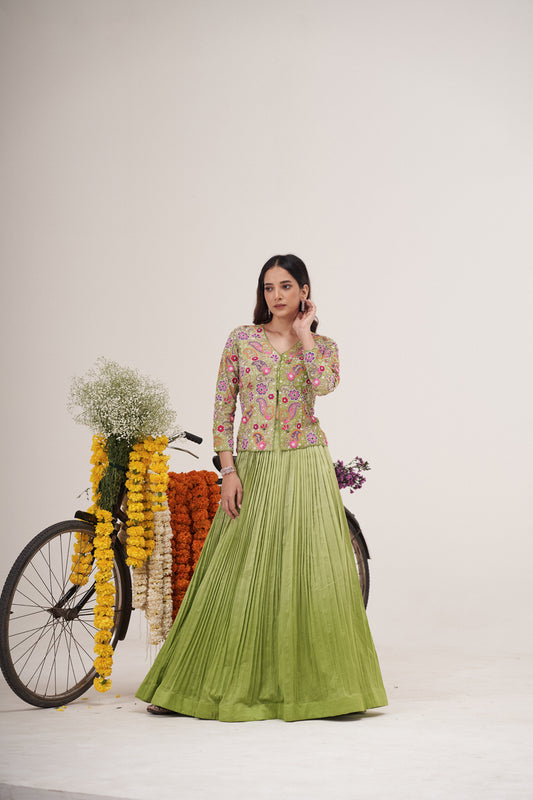 Sequin Bloom Embroidered Jacket Blouse With Lehenga