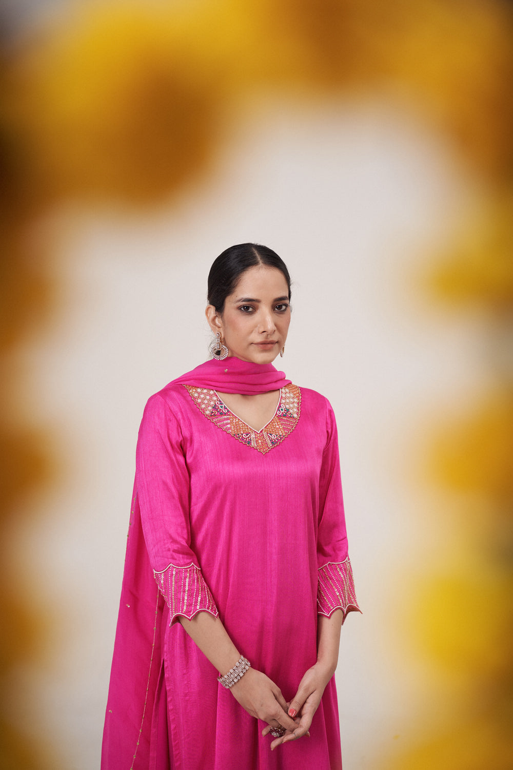 Sequin Embroidered Neckline Kurta Sharara Set