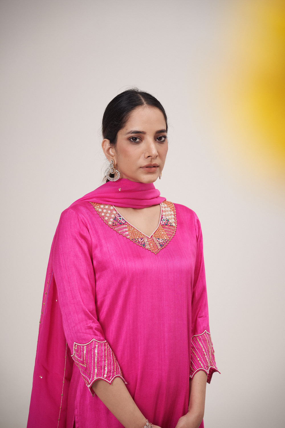 Sequin Embroidered Neckline Kurta Sharara Set