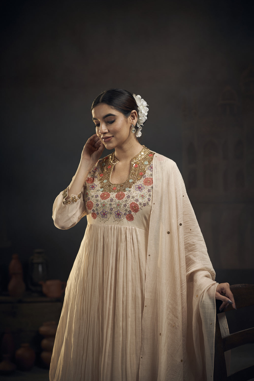 Chanderi Embroidered Anarkali  Set