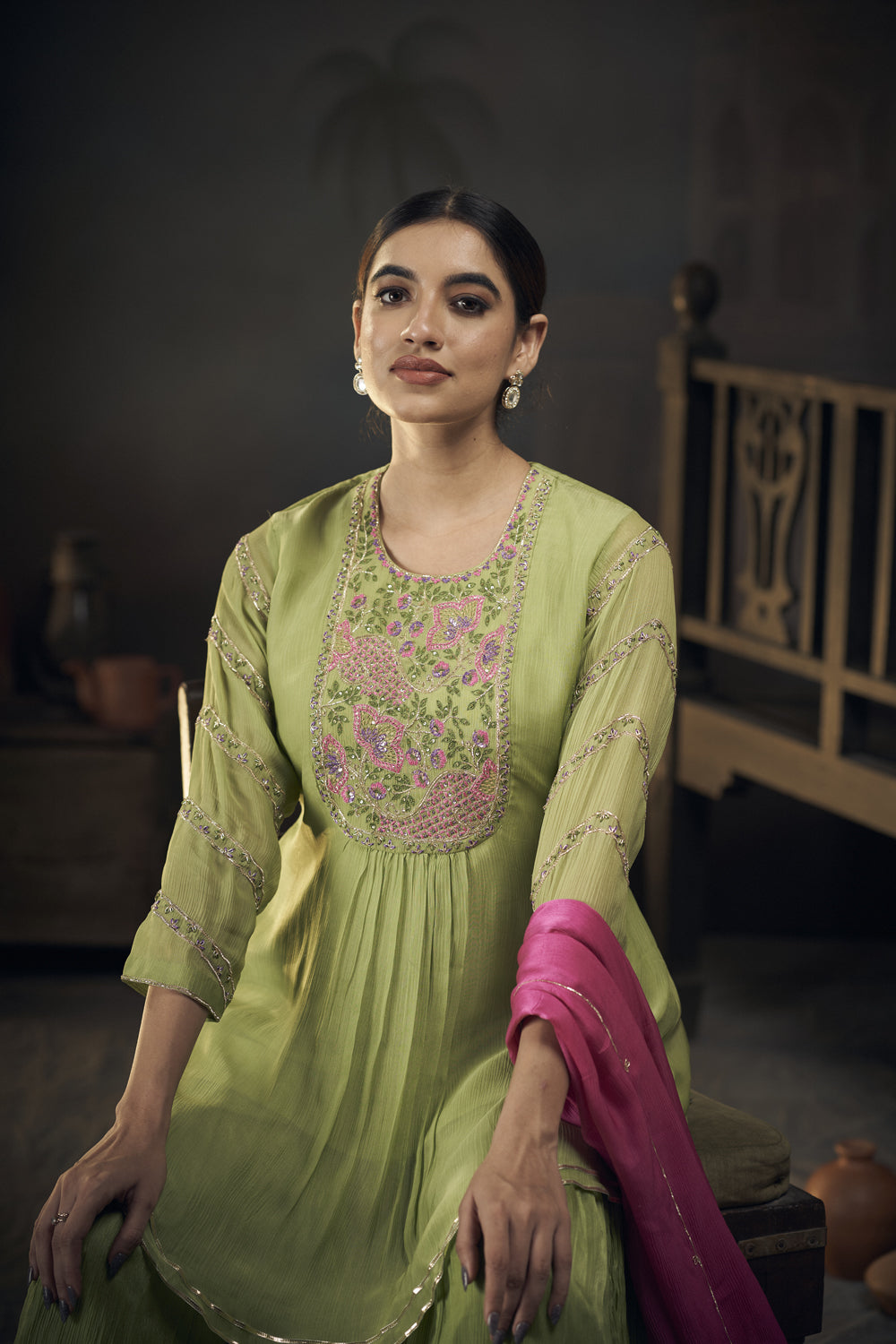 Floral Embroidered Peplum Kurta Sharara Set