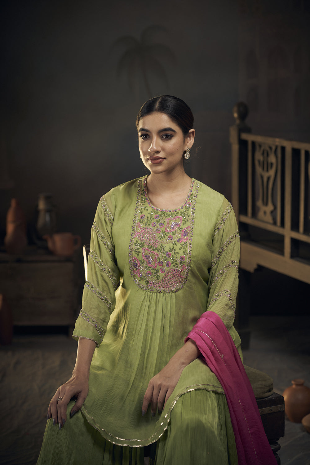 Floral Embroidered Peplum Kurta Sharara Set