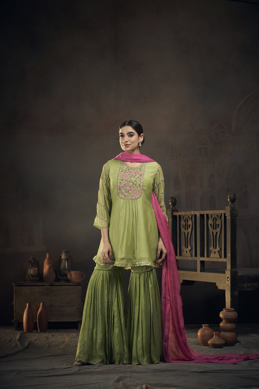 Floral Embroidered Peplum Kurta Sharara Set