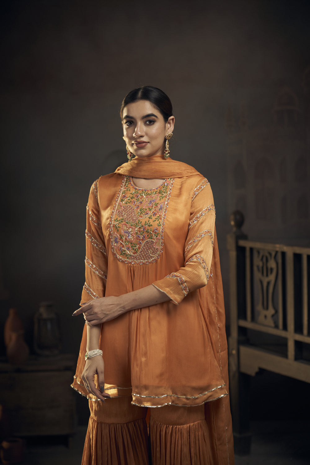 Flower Embroidered Peplum Kurta Sharara Set