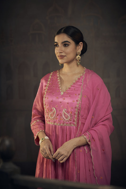 Floral Embroidered Pleated Kurta Set