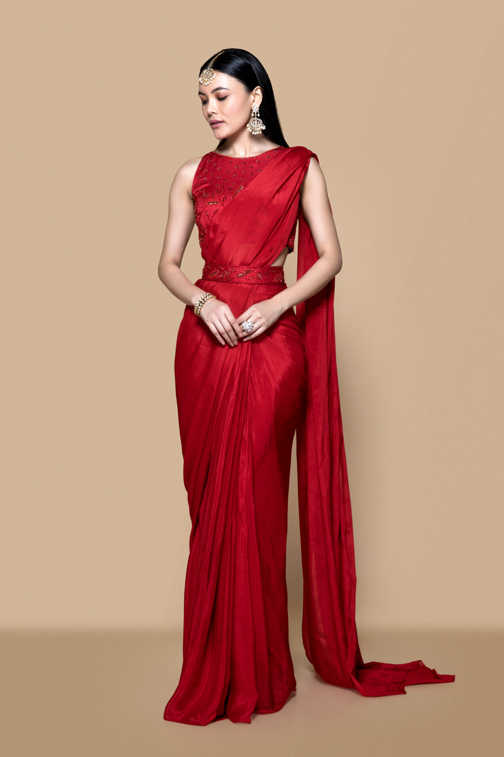 Red Pre Drape Saree Set With Blouse