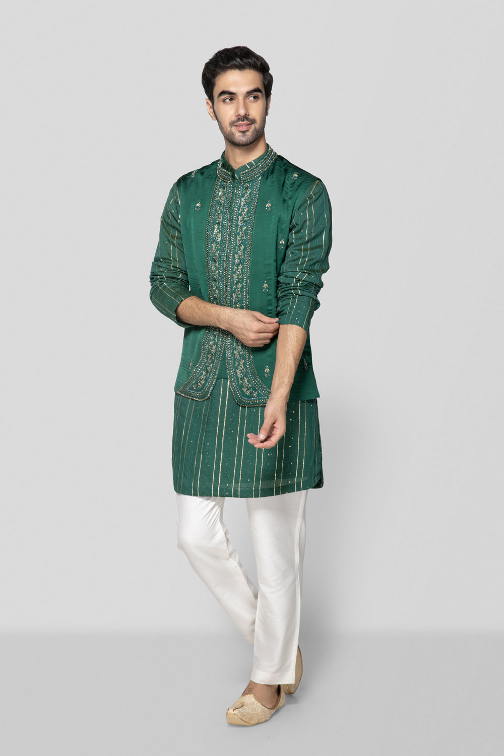 Embroidered Green Bundi Set