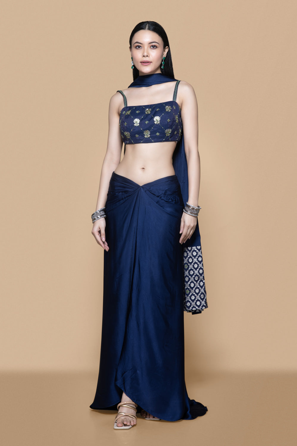 Blue Embroidered Brocade Skirt Set