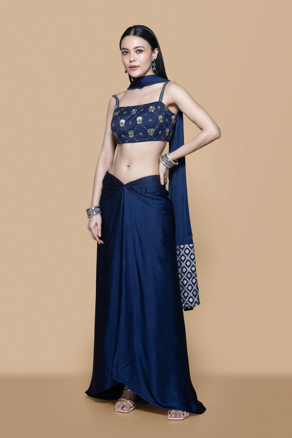 Blue Embroidered Brocade Skirt Set