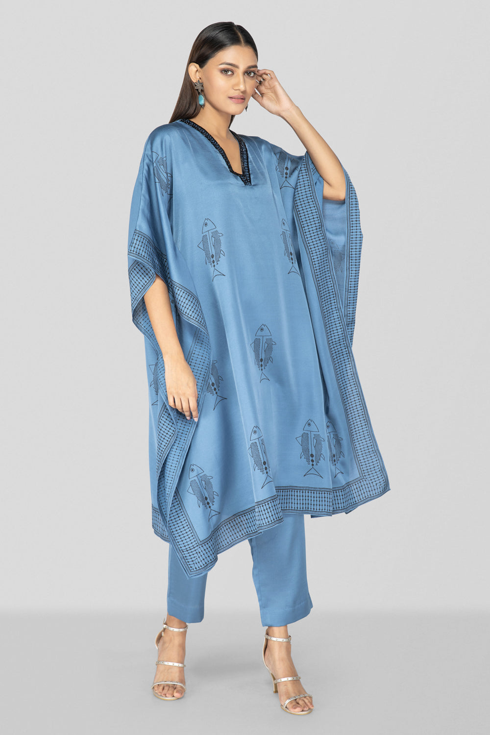 Command Blue Hand Block Printed Kaftan Set