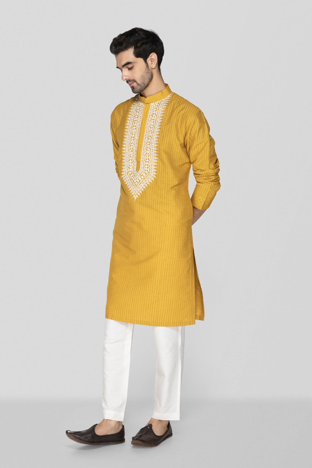 Mustard Yellow Embroidered Yoke Kurta Set