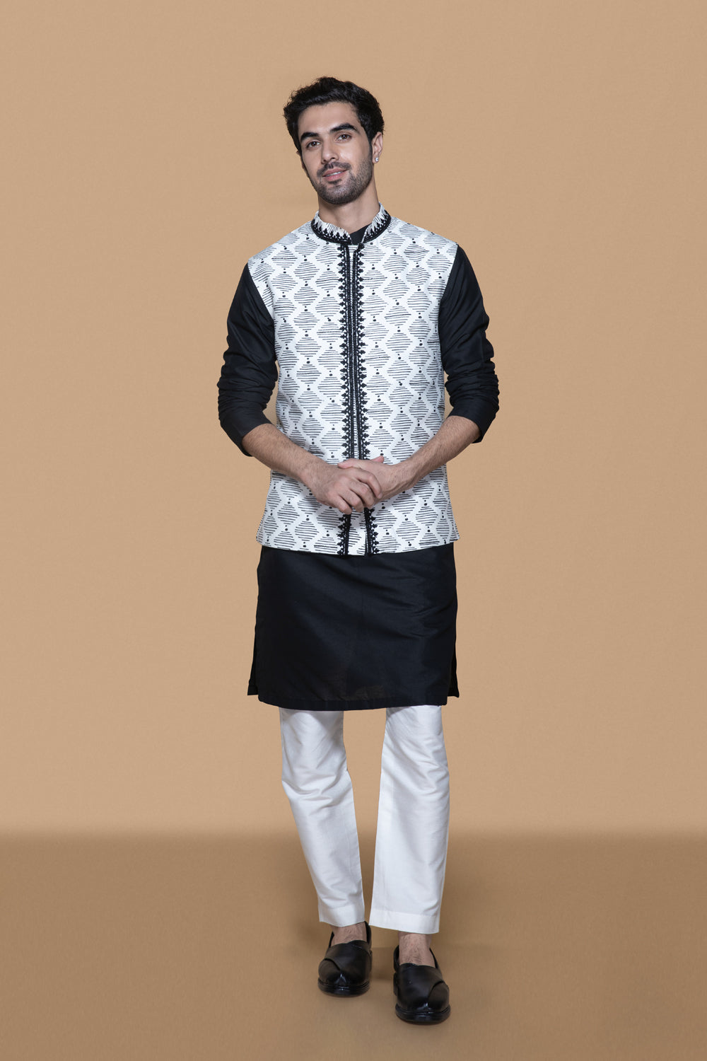 Ivory And Black Hand Block Printed Bundi Kurta Set