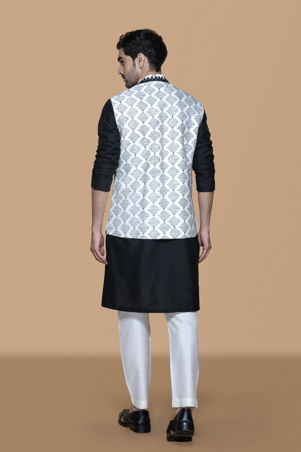 Ivory And Black Hand Block Printed Bundi Kurta Set