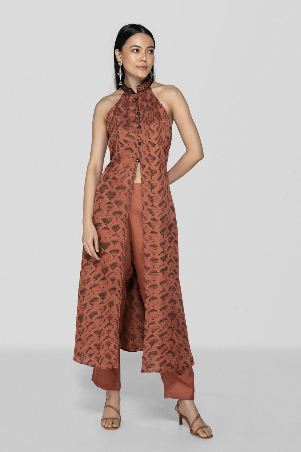 Dark Peach Hand Block Printed Halter Neck Co-ord Set