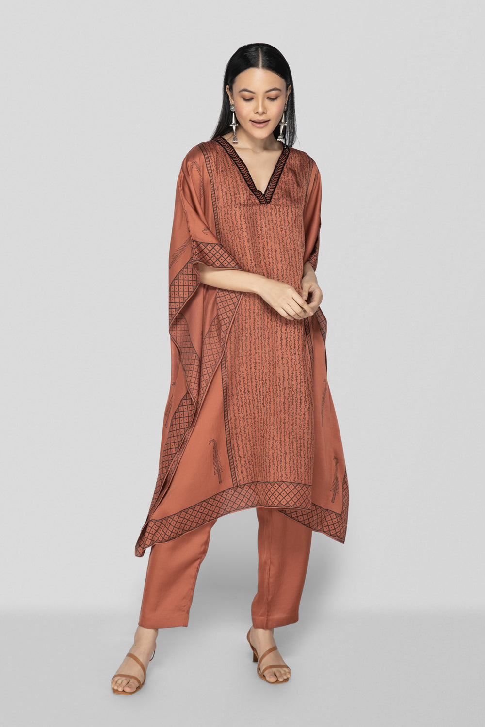 Dark Peach Hand Block Printed Kaftan Set