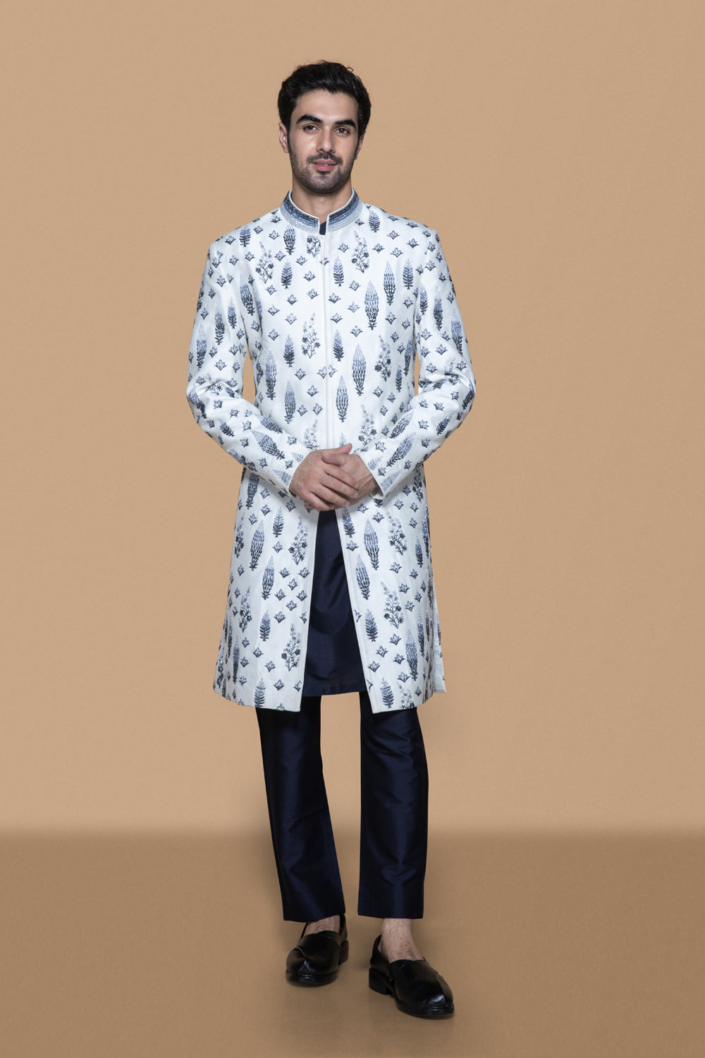 Embroidered Gradation Ivory-Blue Sherwani Set