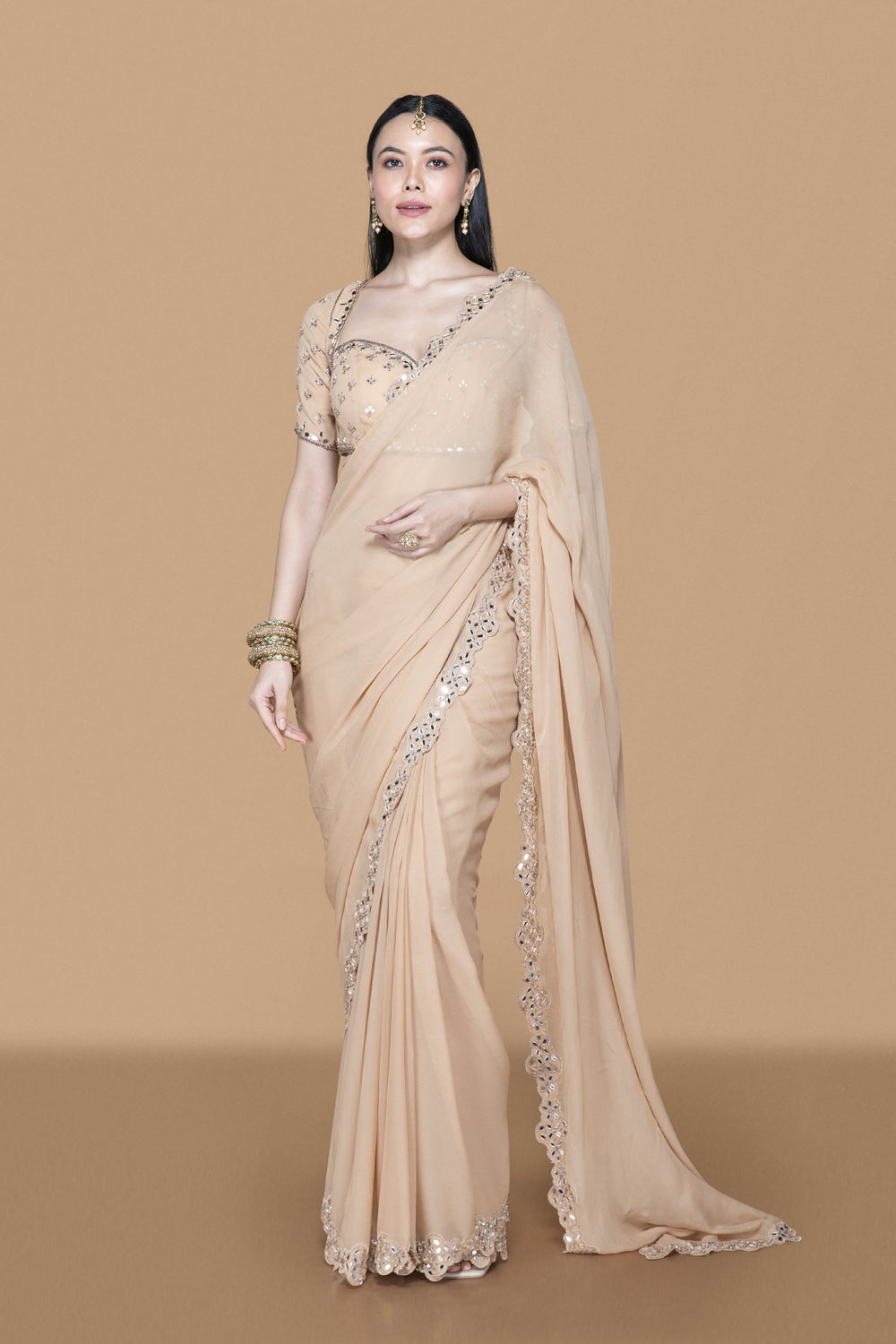 Fawn Mirror Work Pre Drape Saree With Blouse