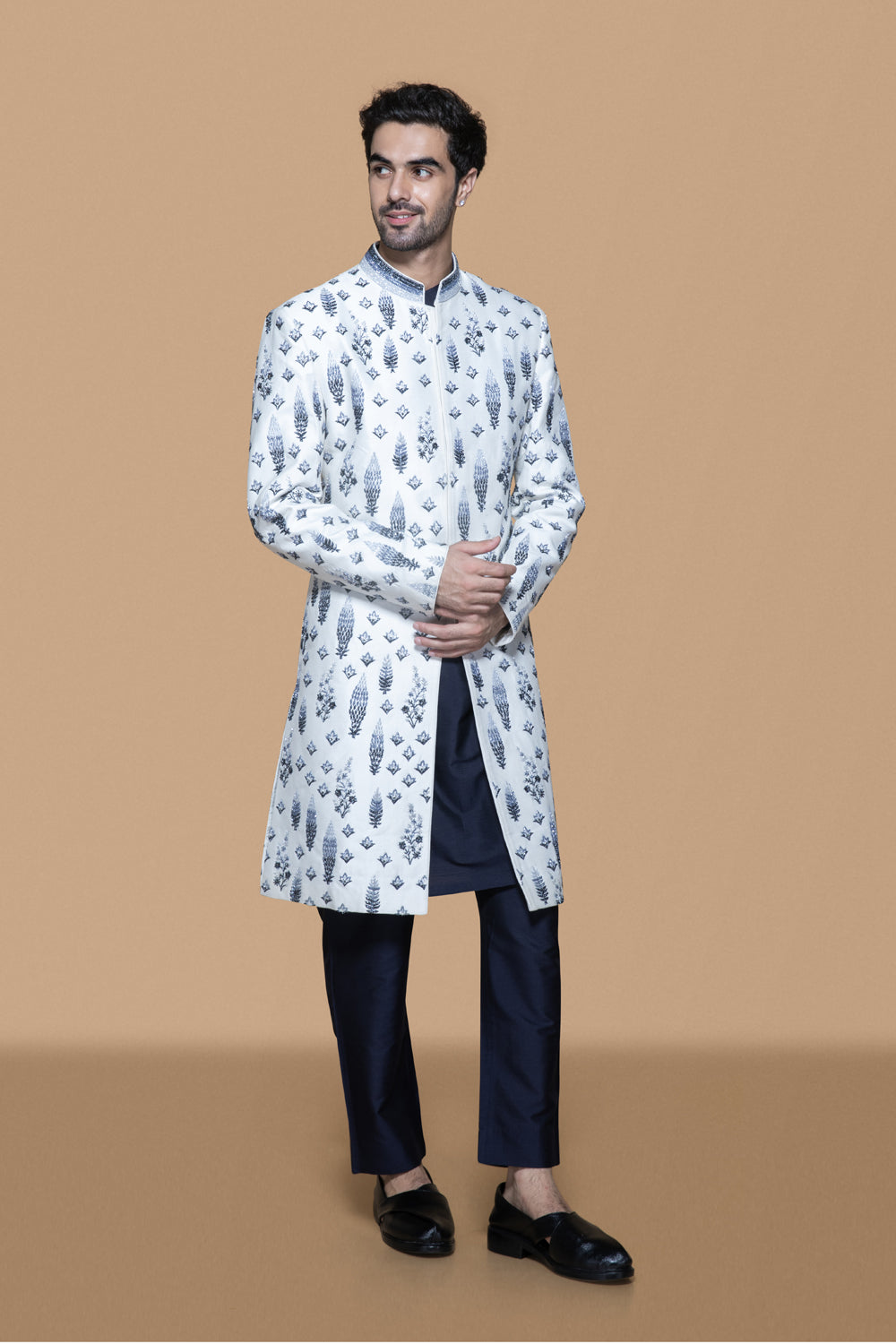 Embroidered Gradation Ivory-Blue Sherwani Set